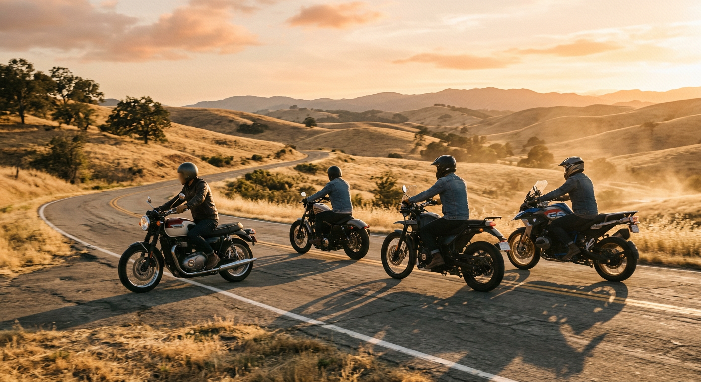 Four riders on motorbikes travelling together down a winding country road at sunset